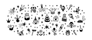 El çizimi şirin çizgi karalama çocuk doğum günü ikonları. Çocuksu pastel karalamalar. Mumlu kutlama pastası, komik palyaço, zürafa, maymun yeni doğanı kutluyor. Parti davet arkaplanı