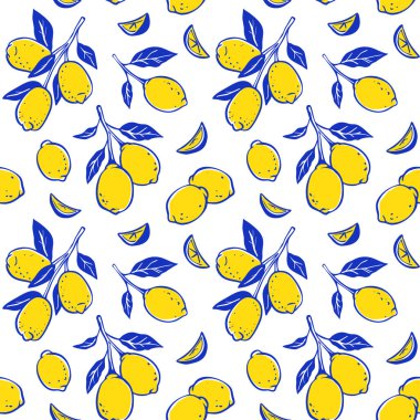 İtalyan mavisi ve sarı limonlu, pürüzsüz desen. Turunçgiller, yapraklar ve dallar şakacı ve tuhaf bir arka plan çizmişler. La Dolce Vita Amalfi stilinde şirin çizgi çizimi çizim vektör illüstrasyonu