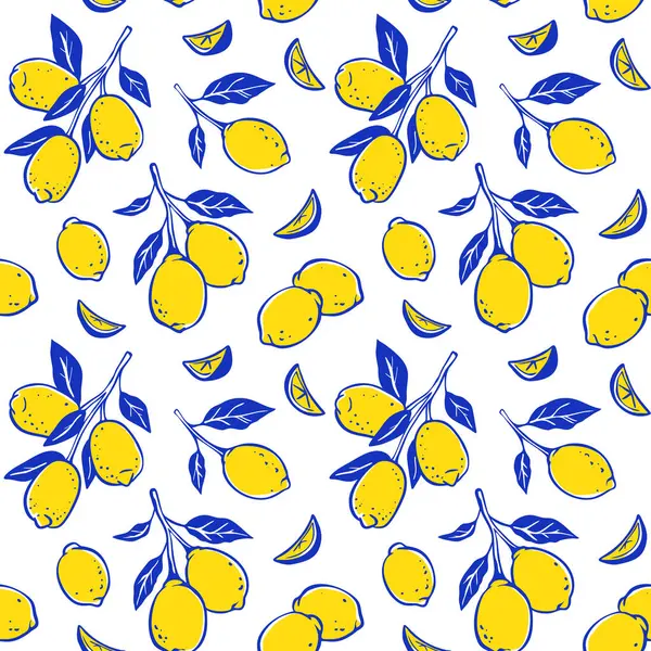 İtalyan mavisi ve sarı limonlu, pürüzsüz desen. Turunçgiller, yapraklar ve dallar şakacı ve tuhaf bir arka plan çizmişler. La Dolce Vita Amalfi stilinde şirin çizgi çizimi çizim vektör illüstrasyonu