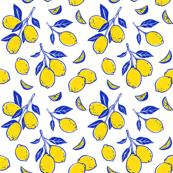 Итальянский синий и желтый лимонный бесшовный рисунок. Цитрусовые фрукты, листья и ветви ручной работы игривый причудливый фон. Симпатичная векторная иллюстрация в стиле "La Dolce Vita Amalfi"