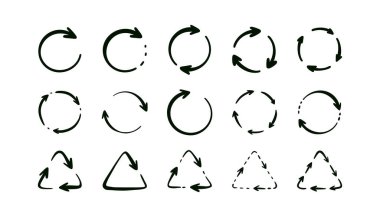 El çizimi yuvarlak ok simgesi seti. El yazısı reeti, geri dönüşüm, yeniden yükleme, senkronize sembol. Saat yönünde dön. Pastel boya, çocukça vektör çizimi çizer. İlerleme göstergesi