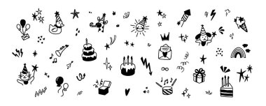 Güzel çizgi karalama bebek doğum günü arkaplan grafik tasarımı. Çocukça pastel boya karalamaları. Simgeler, unsurlar, kutlama kartları için çıkartmalar, davetiyeler. Konfeti, pırıltı, yıldız, kalp çizimi