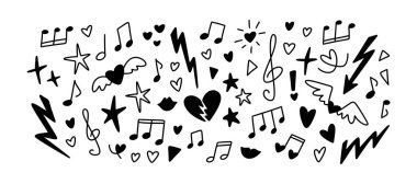 Punk rock müzik el karalama arka plan çizdi. İşaretli çizimler, komik çıkartmalar, dövme, pastel boya kalemleri tasarım elementleri. Grunge vektör çizimi. Not, kalp, yıldız, yıldırım çıkartmaları ve simgeler