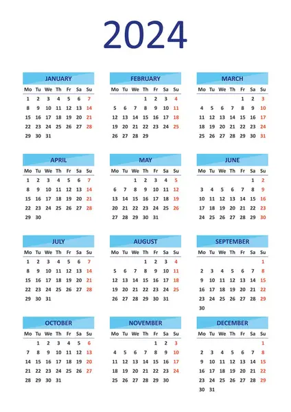 Простой Вектор 2024 Календарная Неделя Начинается Понедельник Стоковый вектор