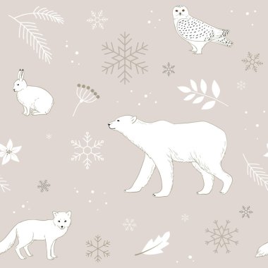 Kuzey Kutbu hayvanları ve kar taneleriyle kışın kusursuz desen tasarımı. Kutup ayısı, kutup tilkisi, tavşan ve baykuş vektör çizimleri bej arka planda