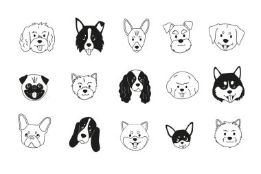 Beyaz arka planda siyah beyaz köpek kafaları var. Farklı cins portrelerin vektör çizimi
