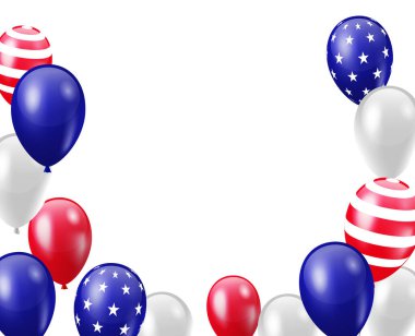 Bağımsızlık Günü ABD geçmişi. Beyaz üzerine Amerikan bayraklı balonlar. Pankart, poster veya davet için vektör illüstrasyonu