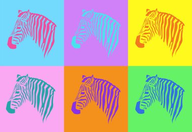 Zebra profil çizimi retro pop sanat tarzında. Renkli zebralar.