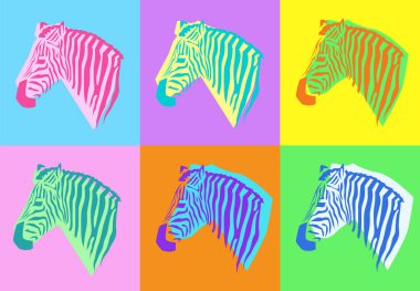 Pop sanat tarzında zebra portresi. Vektör Afrikalı zebra başı parlak renklerde. Retro poster tasarımı