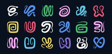 Modern neon yılan vektör çizimi. Farklı pozlarda renkli yılanları olan çağdaş kare fayanslar. Baskı ya da ağ için basit soyut dalgalı yılan koleksiyonu