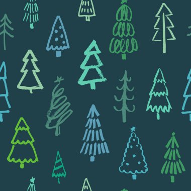 Elle çizilmiş çam ağaçlarıyla Noel deseni. Koyu arkaplanda yeşil Noel ağaçları çiziyor. Vektördeki kış süsü