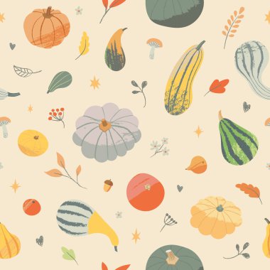 Farklı balkabakları, yaprakları ve daha fazlası ile sonbahar pürüzsüz deseni. Şükran Günü geçmişi. Hasat festivali, tekstil ya da mevsimlik sonbahar dekoru için uygun