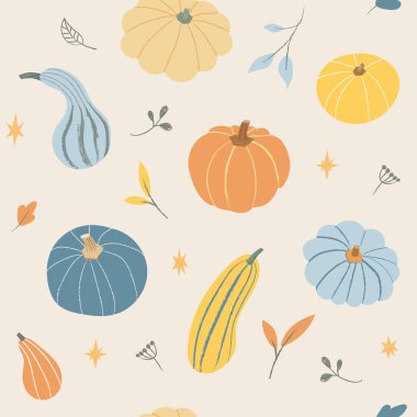 Pastel renkte sonbahar balkabağı deseni. Kabak, düşen yapraklar ve açık bej arka plandaki yıldızlarla kusursuz tasarım. Tekstil, ambalaj kağıdı ve daha fazlası için vektör illüstrasyonu