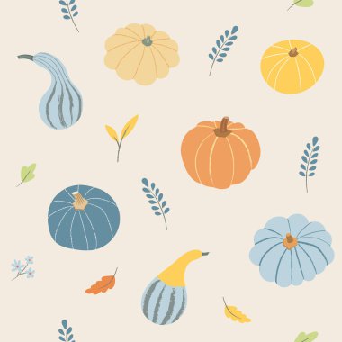 Kusursuz balkabağı deseni. Renkli sukabakları ve sonbahar yaprakları açık arkaplanda. Masa örtüsü, tekstil ve diğer mevsimlik ürünler için Şükran Günü vektör tasarımı