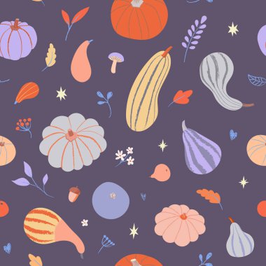 Şükran Günü kusursuz model vektörü. Renkli balkabakları ve mor arka planda yaprakları olan modaya uygun sonbahar öğeleri çizimi. Sonbahar dönemi tekstil ve duvar kağıdı için canlı tasarım
