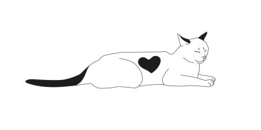 Kalp şeklinde resimli rahat bir kedi. Modern minimalist tarzda huzurlu bir kedi gibi uzanıyordu. Siyah beyaz vektör sakin kedi çizimi