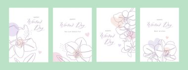 Mutlu Kadınlar Günü. Vektör içinde orkide çiçekleri olan tebrik kartları. 8 Mart için modaya uygun zarif çiçek çizimleri ve tasarım şablonları