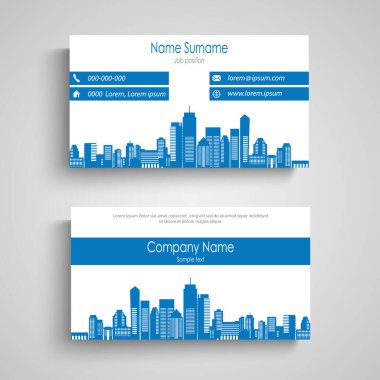 Mavi tasarım vektöründe şehir silueti olan kartvizit 10 birim.