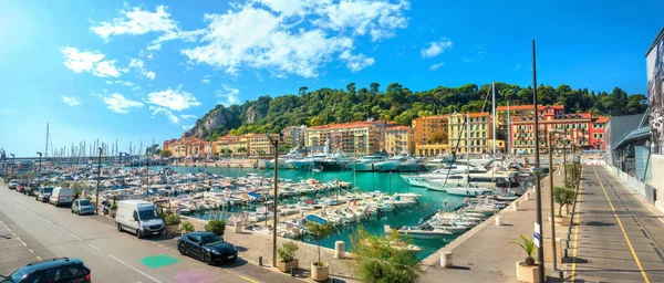 Panoramatický Výhled Nábřeží Přístav Přístavem Port Lympia Nice Francie Azurové — Stock fotografie