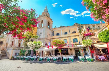 Picturesque view of San Giuseppe Church at IX Aprile Square in Taormina. Sicily, Ital clipart