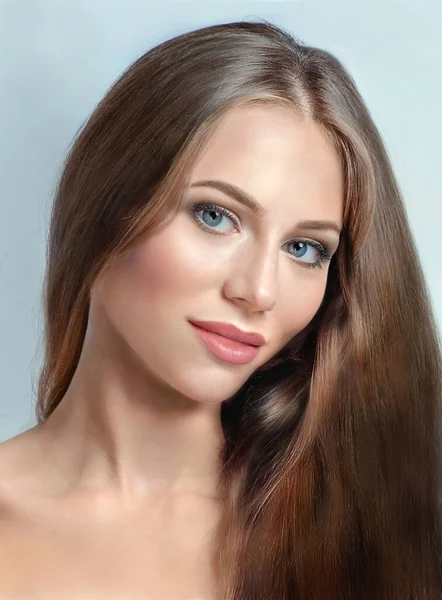 Uzun Kahverengi Saçlı Gülümseyen Güzel Bir Genç Kadının Yakın Plan — Stok fotoğraf