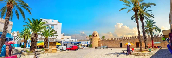 Panorámás Kilátás Nyílik Bazár Tér Ősi Erőd Falán Sousse Tunézia — Stock Fotó