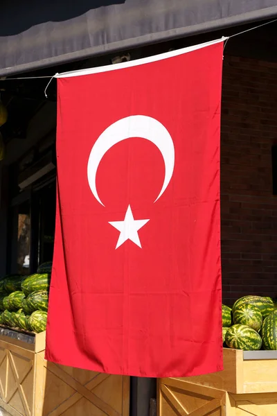 Фон Турецкого Флага Красный Текстильный Флаг Турции Улицах Стамбула Праздничные — стоковое фото