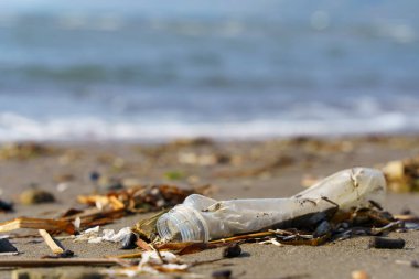 Okyanus plastik kirliliği. Deniz sahilinde kirli plastik şişe ve çöp kutuları suyun arka planında. Çevre koruma, ekoloji, doğa konsepti. Yüksek kalite fotoğraf