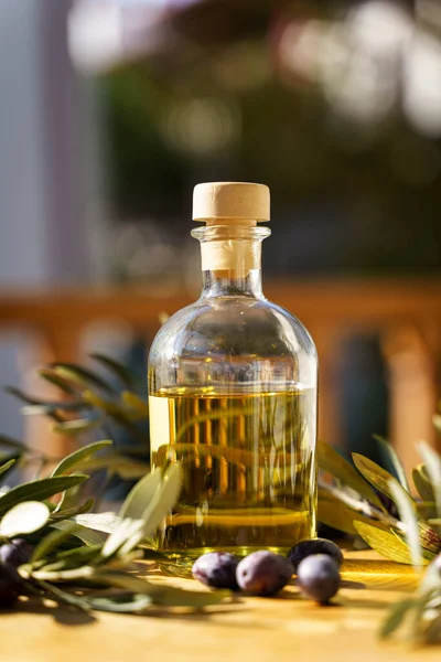 Olive oil with olive tree branch background. Natural oil for food or cosmetics from natural ingredients. Healthy food, cosmetics concept. High quality photo