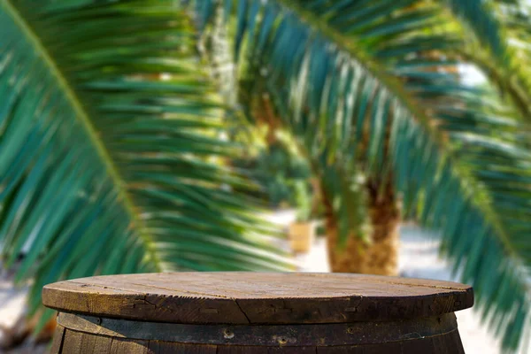 Jungle Table Background Rustic Wooden Table Backdrop Tropical Plants Palms — Φωτογραφία Αρχείου