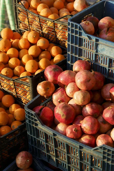 Šťavnaté Zralý Granátové Jablko Pomeranče Ovoce Trhu Pult Pro Džus — Stock fotografie