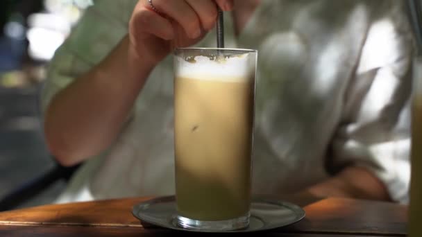 Cold Coffee Drink Glass Girl Drinks Morning Coffee Table Cafe — Vídeo de Stock