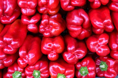 Red bell peppers background. Peppers on the counter of a vegetable farm eco market. High quality photo