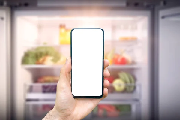 Online Market Dağıtım Uygulaması Bir Cep Telefonunda Adamlar Elinde Buzdolabının — Stok fotoğraf