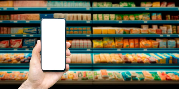Lebensmittelgeschäft Online Telefon Mit Einer Hand Auf Dem Hintergrund Eines — Stockfoto