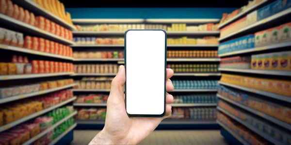 Lebensmittelgeschäft Online Telefon Mit Einer Hand Auf Dem Hintergrund Eines — Stockfoto