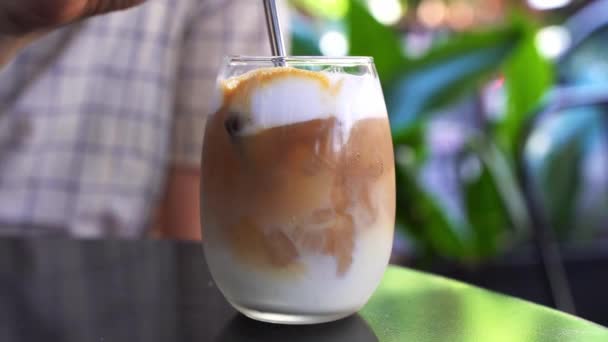 Cold Coffee Drink Glass Girl Drinks Morning Coffee Table Cafe — Video