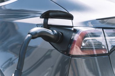 Charging station for electric cars. Types and connectors of ports for charging vehicles. High quality photo