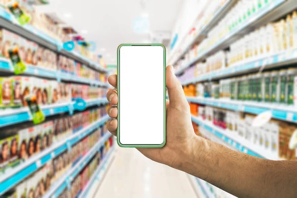 Smartphone Shopping Hand Blank Smartphone Screen Background Supermarket Counters App — Stock Photo, Image