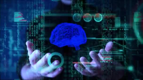 Brain Technológia Koncepció Digitális Neon Emberi Agy Adathálózattal Jövőbeli Tudományos — Stock videók