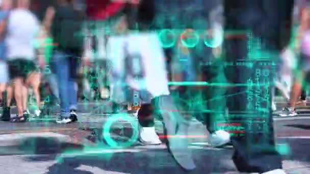 Gente Calle Ciudad Con Antecedentes Tecnológicos Negocios Analítica Concepto Big — Vídeos de Stock