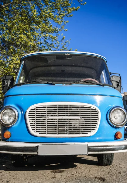 Vintage Blue Bus Retro Van Hippie Camper Car Sunny Street — Stock Photo, Image