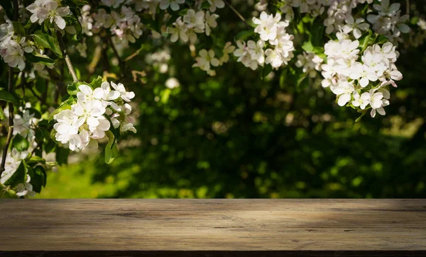 Wooden Table Backdrop Blooming Spring Apple Orchard Show Product Display — Stock Photo, Image