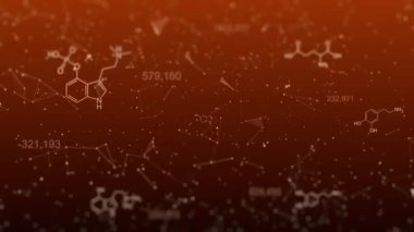 Kimyasal arka plan. Formüller ve veriler boşlukta hareket halinde. Bilim, teknoloji, tıp konsepti. Yüksek kalite 4k görüntü