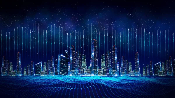 Metaverse Smart Technology City Цифрові Футуристичні Дані Хмарочоси Технологічному Синьому Ліцензійні Стокові Фото