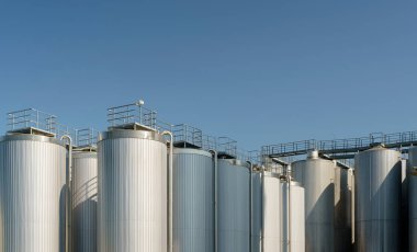 Bir tarım üretim çiftliğinde tahıl hasadı depolamak için tarım siloları. Yüksek kalite fotoğraf