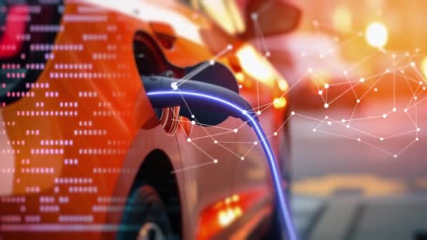 Ładowanie Elektrycznego Samochodu Stacji Neonowe Efekty Energetyczne Technologiczne Niektóre Elementy — Wideo stockowe