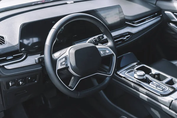 Interior Carro Com Painel Controle Automático Cabine Carbono Automóvel Novo — Fotografia de Stock