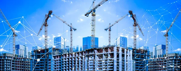 Konstrukcja Banera Tle Technologii Plac Budowy Dźwigami Armaturą Betonem Wysokiej — Zdjęcie stockowe