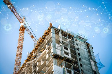 İnşaat teknolojisi afişi geçmişi. Vinçleri, tesisatı ve betonu olan bir inşaat alanı. Yüksek kalite fotoğraf